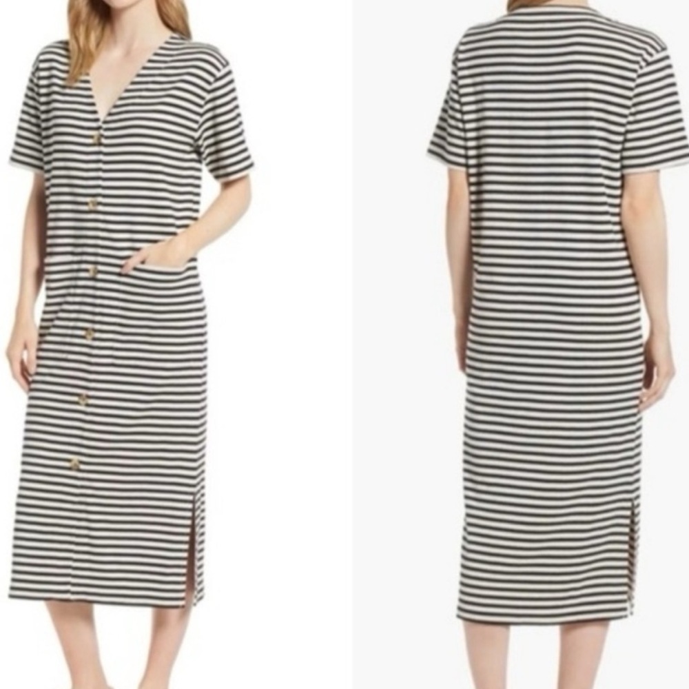 Lou & Grey Black Organic Cotton Striped Button Down Midi Dress Sz S Minimalist